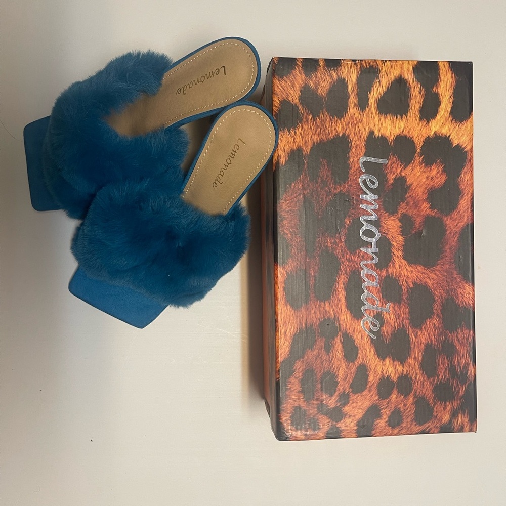 Lemon Peacock Blue Faux Fur Slippers